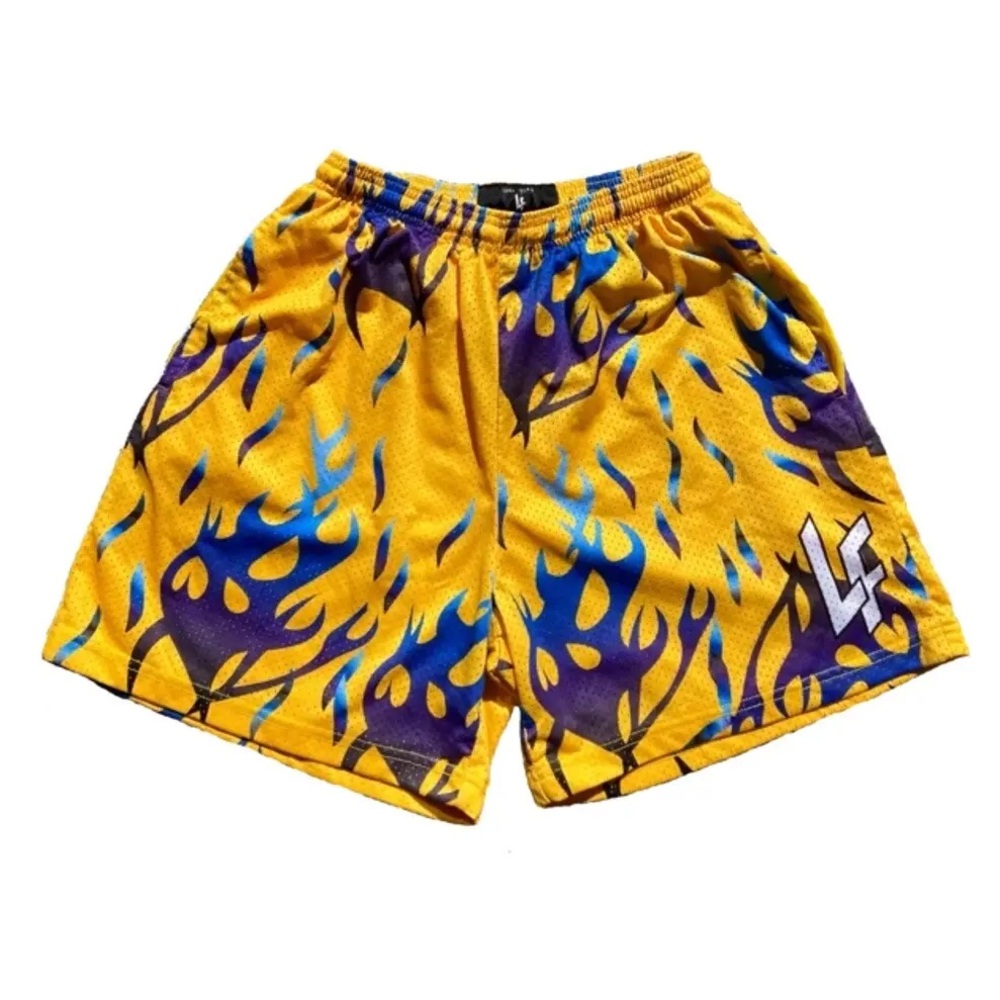 Lost Files men’s shorts, yellow with flame print, size large